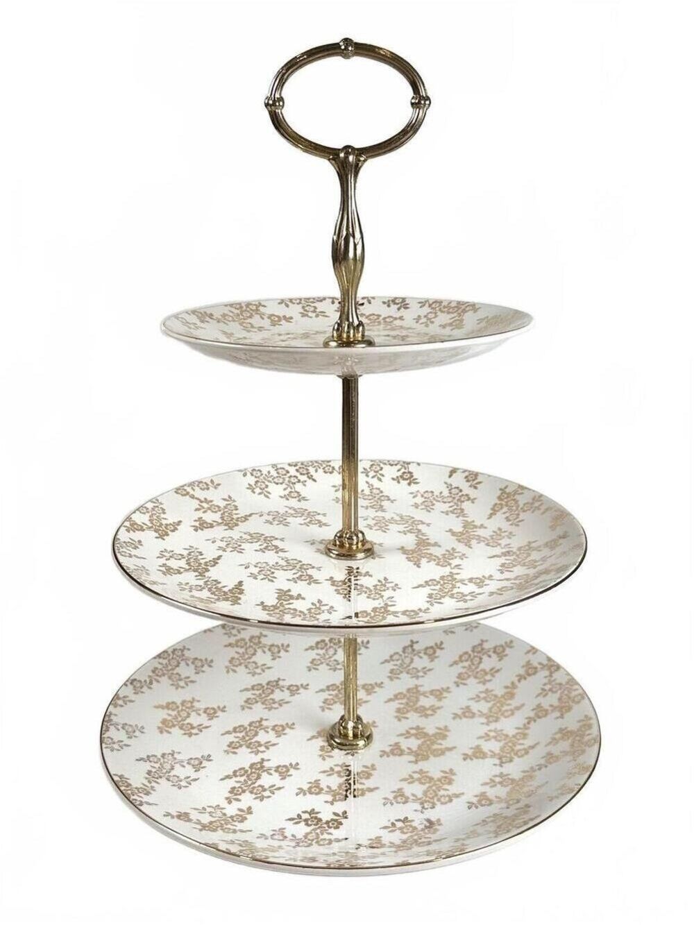 Vintage British Anchor Hostess 3-Tier Cake Stand Gold Floral Staffordshire